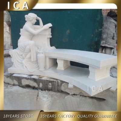 Modern Garden Hand Carved Woman Statue White Marble Bench