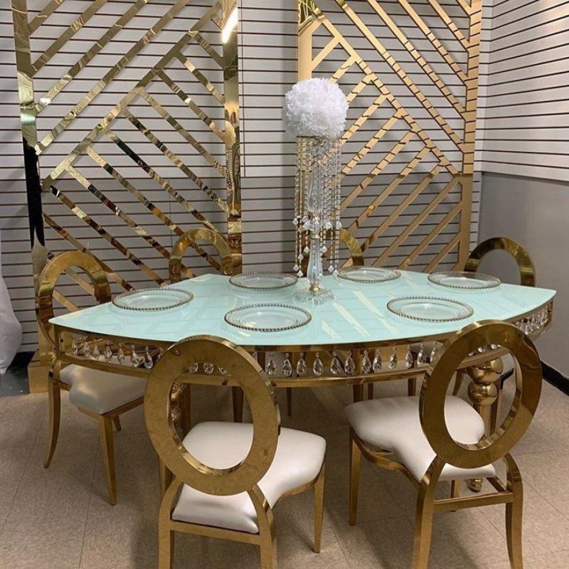 Luxury Event Furniture Stainless Steel Frame Glass Top 8 Personas Dining Table Set Modern