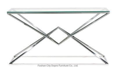 Stainless Steel Triangular Composite Base Post Console Table with Glass Top
