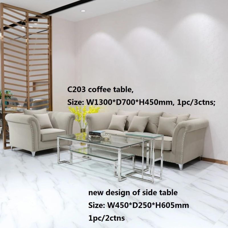 Dopro New Design Modern Stainless Steel Polished Shiny Coffee Table C203, with Clear Tempered Glass