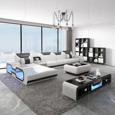 European Modern Design Home Hotel Living Room Wood Furniture Luxury PU Leather Sofa Set with LED