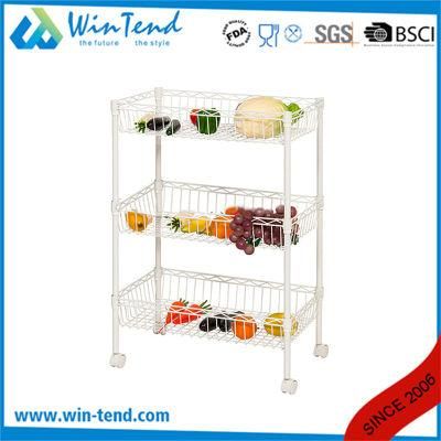 Moveable Chrome Metal White Household Kitchen Cart Rack with Basket