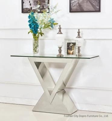 High Quality Stainless Steel Metal Base Post Console Table with Glass Top