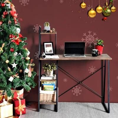 Durable Small Space Home Workstation Modern PC Laptop Study Writing Table Compact Brown Office Desk with Storage Shelf