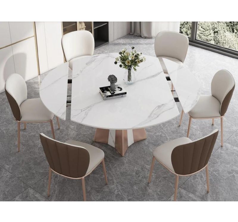 High End Modern Home Dining Furniture Elegant Marble Top Stainless Steel White Round Extendable Dining Table Set