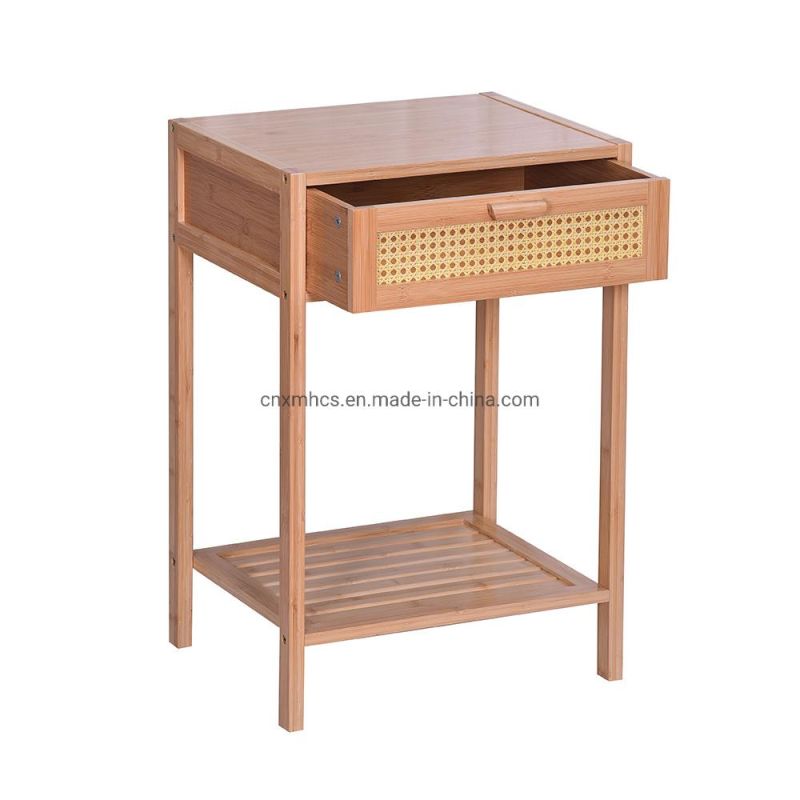 Multipurpose Bamboo Bedside Table End Table with Pattern Drawer & Storage Shelf Night Stand