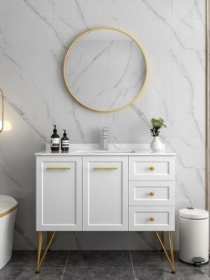 Modern Plywood with White Painting Wall Mounted Bathroom Vanity with Gold Color Frame Mirror