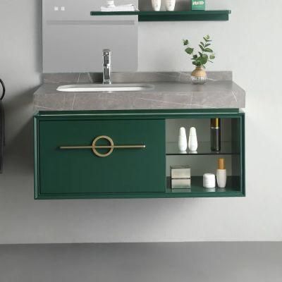 Green Floating Bathroom Vanity Stone Top Ceramics Undermount 1 Drawer &amp; Shelf