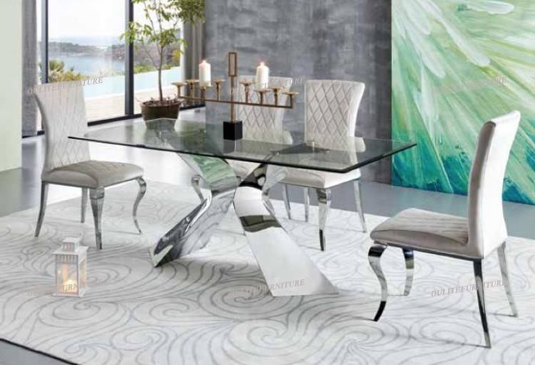 Metal Frame Beige Velvet Dining Chair with Glass Dining Table