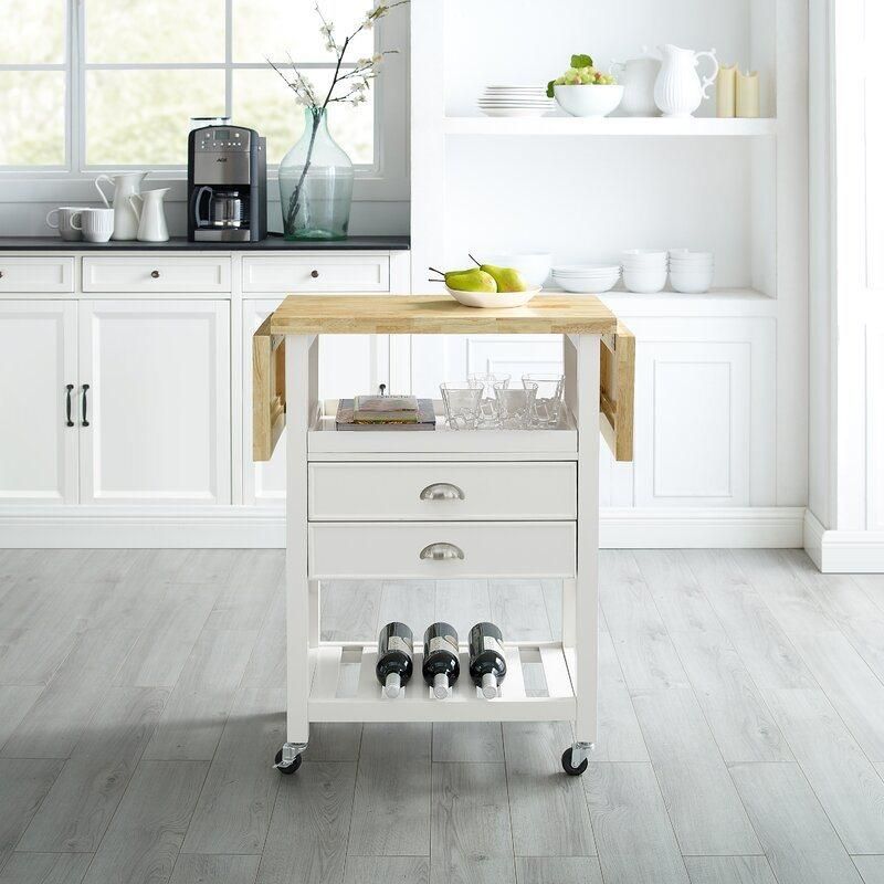 American Home Styles High Quality UV Painting 2-Drawer Rolling Kitchen Cart with Expandable Rubber Wood Top