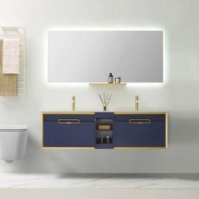 59&prime; &prime; Floating Bathroom Vanity with Double Integral Sinks 2 Drawers in Blue