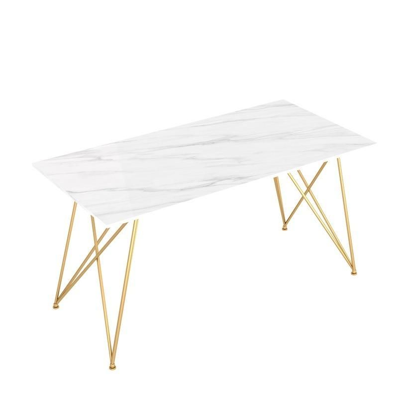 Home Furniture Tempered Glass Imitation Marble Top Dining Table with Golden Frame