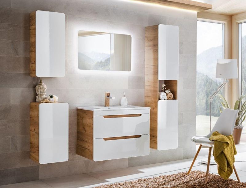600mm Oak Modern Wall Vanity with Sink Bathroom Cabinet Unit Drawers