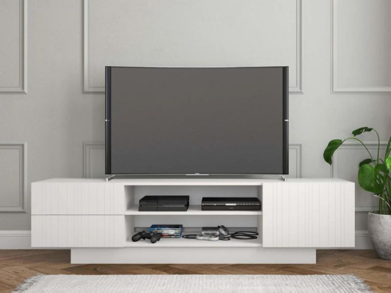 White 72-Inch TV Stand, White Matte Lacquer and White Melamine