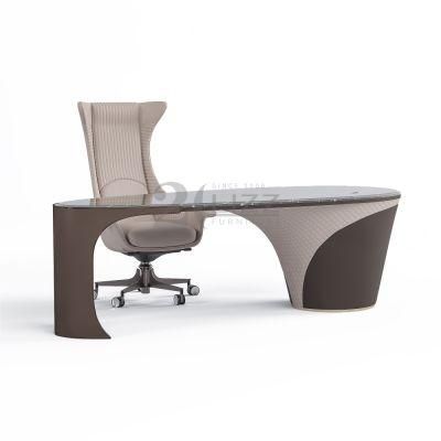Home Office Commercial Furniture Set Modern Luxury Italian Geniue Leather Sofa Chair with Glass Top Desk