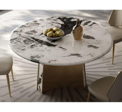 Modern New Design Hot Sale Luxury Dining Room Furniture Natural Marble Top Stainless Steel Frame Golden Round Dining Tables and Chairs