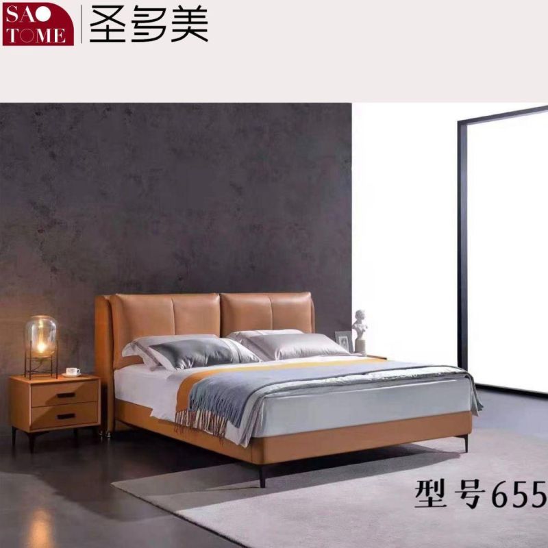 Solid Wood Furniture Bedroom Hotel Furniture Hermes Orange Leather Double King Bed