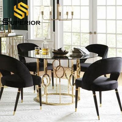 Futuramic Hotel Furniture Gold Restaurant Table Glass Dining Table