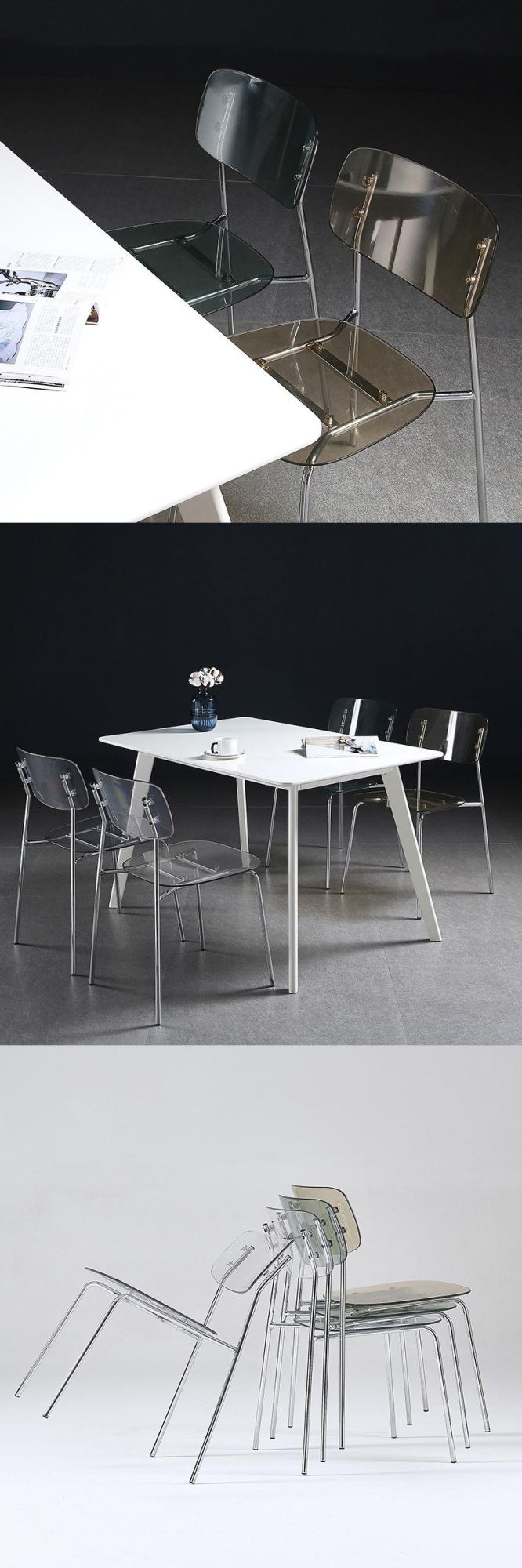 Modern Luxury Armless Acrylic Dining Room Chair Stackable Transparent PC Dining Chairs with Chromed Legs for Outdoor Furniture
