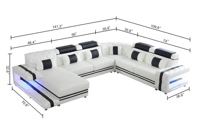 Wholesale Modern Italian Office Furniture Leisure Living Room Genuine Leather Functional Sofa Sets with LED Lights