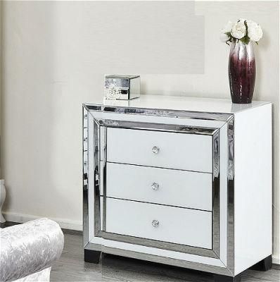 White Mirrored Furniture 3 Drawer Bedside Table for Bedroom