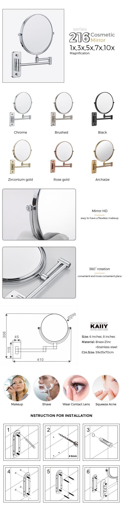 Kaiiy China Supplier Modern Brass Chrome Wall Mounted Bathroom Accessories 360 Adjustment Bath Cosmetic Mirror