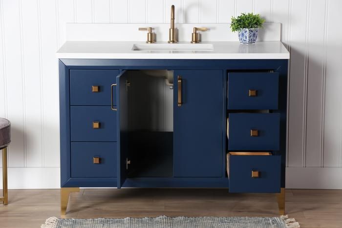 Dark Blue Simple Bathroom Vanity Cabinet Wall Mounted with LED Mirror Metal Handle Large Storage More Drawer