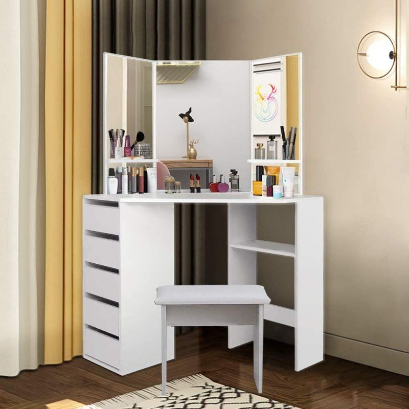 Corner Vanity Makeup Desk Dressing Table with Tri-Folding Mirror and 5 Drawers Makeup Vanity Table for Girls White Dresser