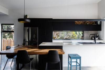 Matt Black Linear Design Window Splashback White Island Kitchen Cabinets