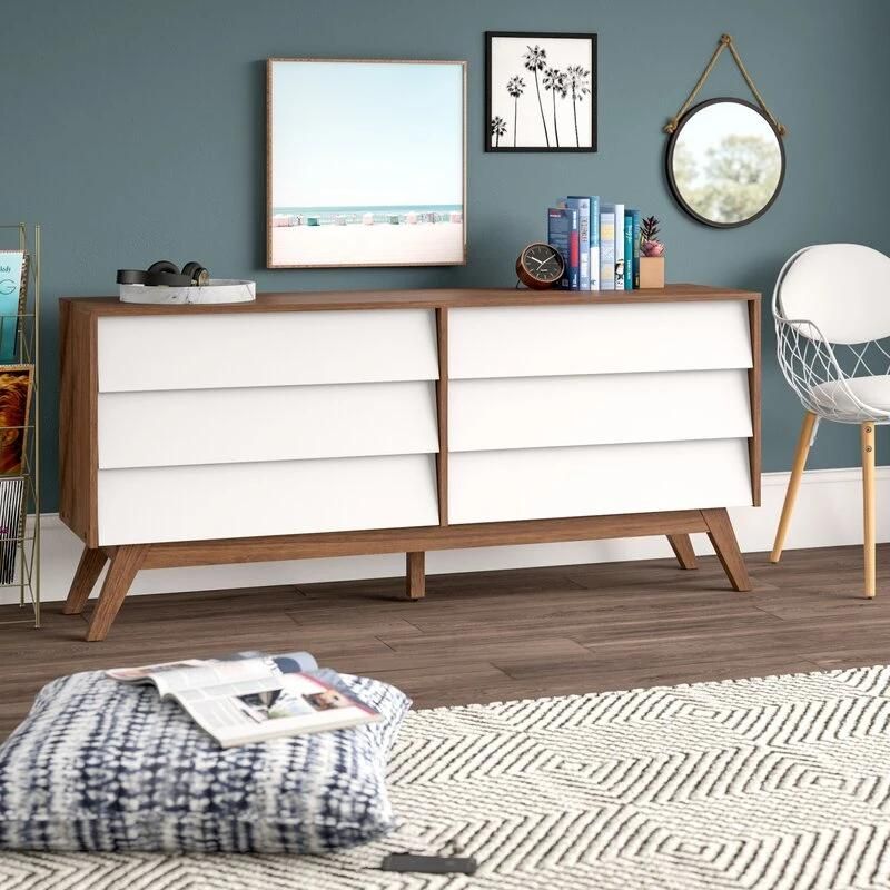 Classic Furniture Coffee Table Wooden Cabinet White Painting 6 Drawer Shuffer Door Double Dresser Sideboard for Bedroom