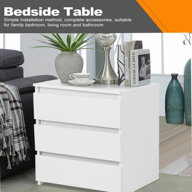 Bedside Table, White Modern 3-Drawer Dresser Nightstand Cabinet Floor Standing Storage Unit End Table for Home Furniture, Bedroom Living Room Accessories