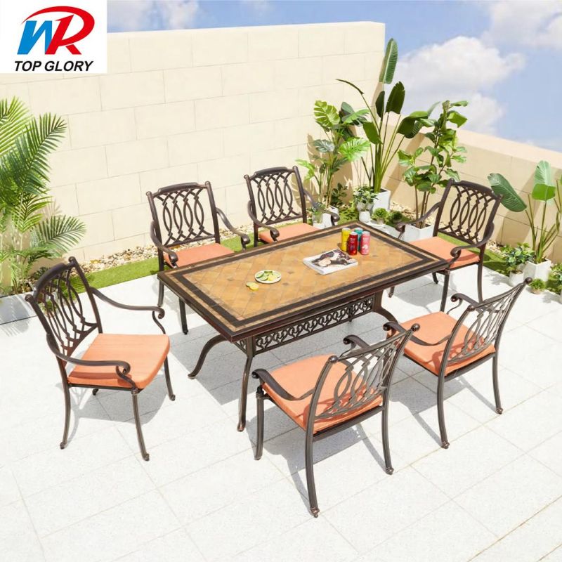 Modern Outdoor Restaurant Arm Chairs Cast Aluminum Rectangular Dining Table Set