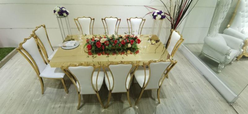 Latest Style Wedding Furniture Half Moon Gold Stainless Steel Legs White MDF Table