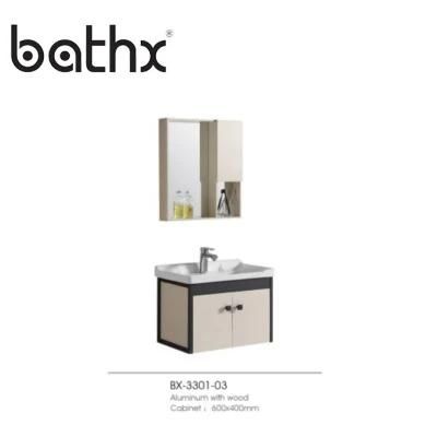 Europe Style Bathroom Cabinet Set Modern Wash Basin Wall Mounted Aluminum Wood Grain Cabinet with Mirror for India