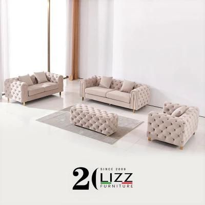 Italian Modern Living Room Furniture Leisure Chesterfield Velvet Fabric Tufted Sofa Set