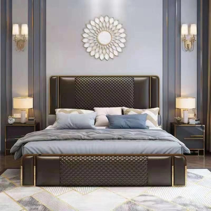 Luxury Bedroom Furniture Modern Upholstered Leather Italian Bed with Storage King Size White Leather Bed