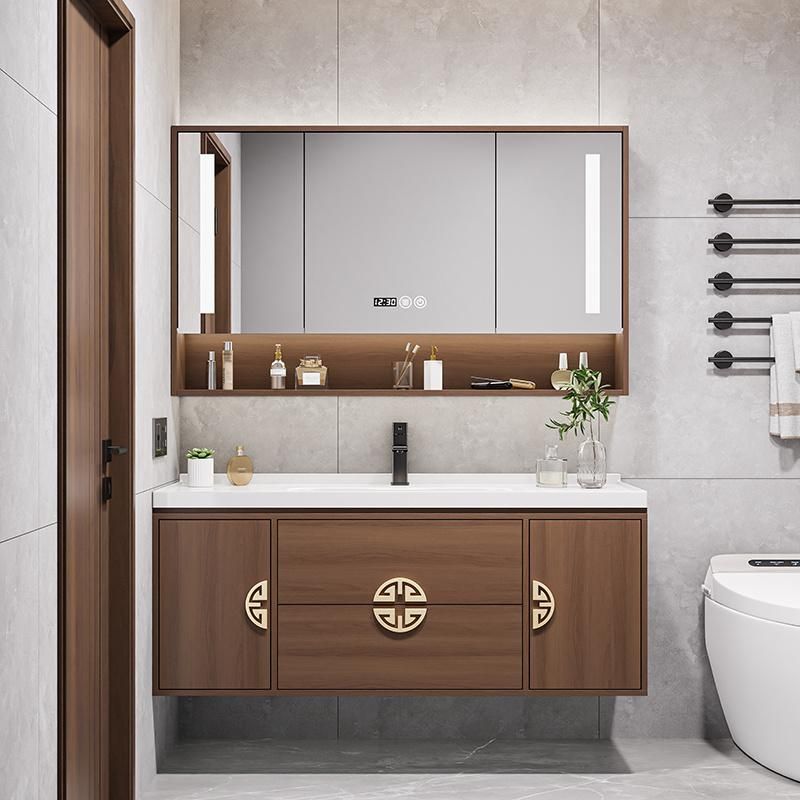 Classic Wall Mounted Double Sink Ceramic Wash Basin Sink Bathroom Furniture LED Mirror Cabinet Wood Vanity Cabinet with Ceramic Sink