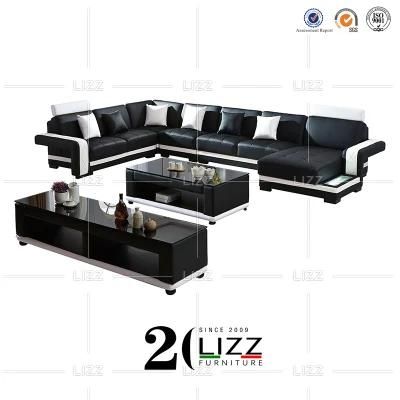 Modern U Shape Black Top Genuine Leather Home Living Room Leisure Sectional Sofa with Coffee Table