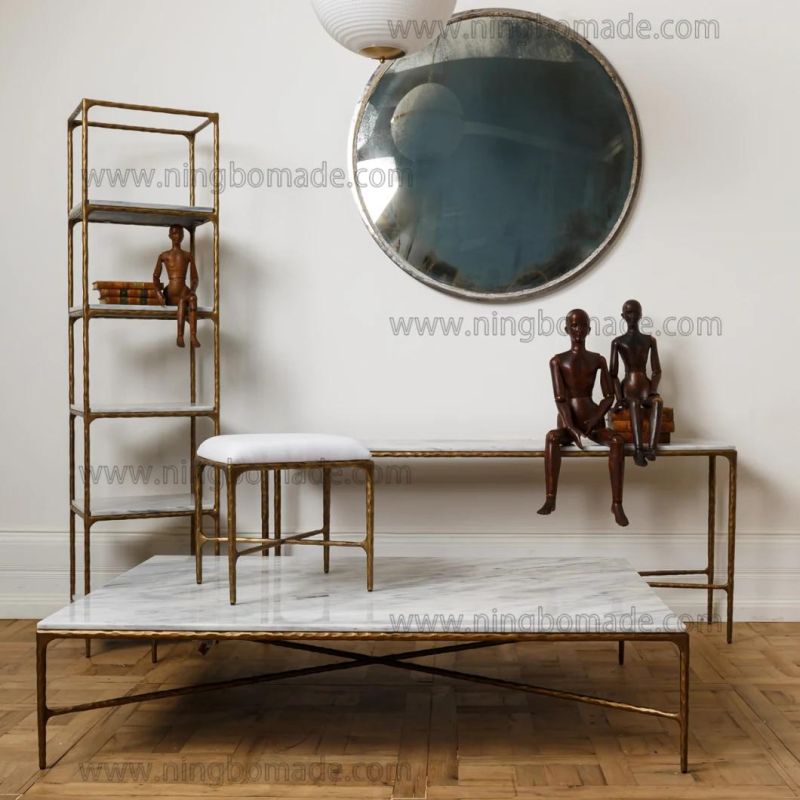 Rustic Hand Hammered Collection Furniture Forged Solid Iron Metal with Brass Color Thick Nature White Cloud Marble Rectangle Coffee Table