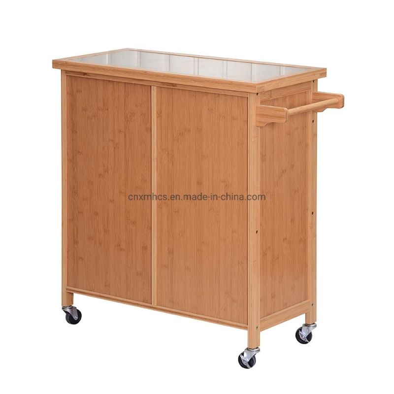 Modern Durable Home Furniture Bamboo Kitchen Trolley with Storage Cabinet & Towel Rack Bar Serving Cart Kitchen Trolley Cart with Wheels