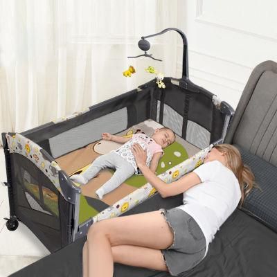 Kids Furniture Multifunctional Pine Baby Bed Folding Adjustable Wooden Baby Crib