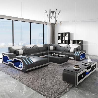 Modern Sectional Wooden Frame Home Furniture Set European Style Italian Leather Sofa with LED