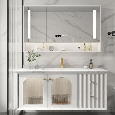 Exquisite Exterior Design White Wall Mounted Design Bathroom Vanity Cabinet with Rock Plate Sink