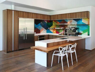 U-Shaped Waterfall Island Wood Grain Color Flat Panel Furniture Kitchen Cabinets
