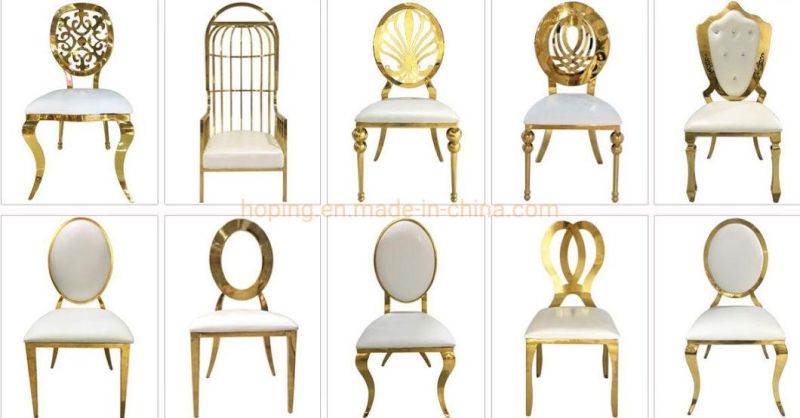 Rental Fancy Gold Dior Wedding Chair for Restaurant and Banquet with Heart Hollow Design Mirror Finished Stainless Steel Back Leather Wedding Hotel Dining Chair