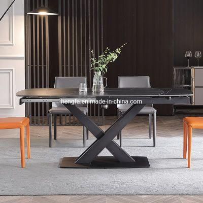 Unique Modern X-Shape Extension Steel Foundation Marble Dining Table