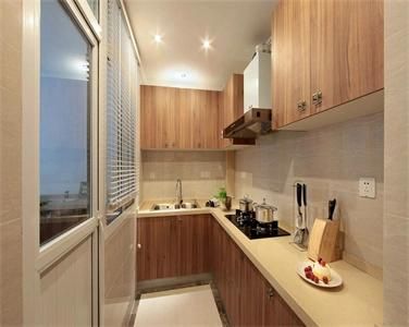 Minimalist Customized L Shaped Wood Grain Laminate Kitchen Cabinet