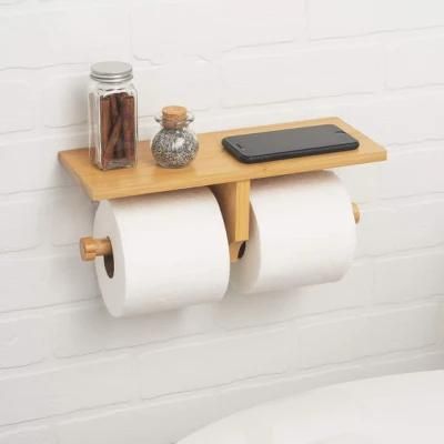 Modern Hanging Wall Mount Natural Bamboo Double Dual Toilet Paper Holder with Convenience Shelf Tray for Toilet Paper, Phone, Plants, Decor,