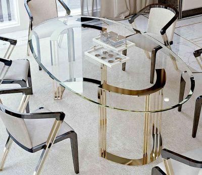 Customized Modern Furniture Gold Stainless Steel Oval Glass Dining Table