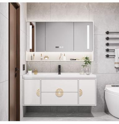 White Exquisite Exterior Design Wall Mounted Irregular Design Galss Door Bathroom Vanity Cabinet with LED Mirror Cabinet